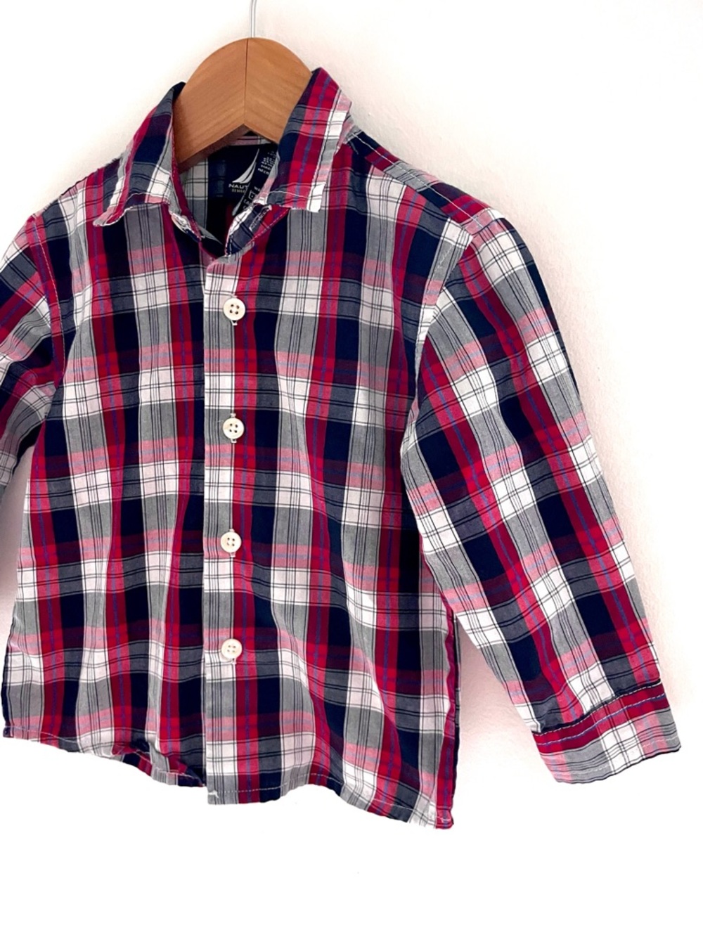 3/$21💥Nautica Plaid Button Down Dress Shirt, Long Sleeves, White Red Navy